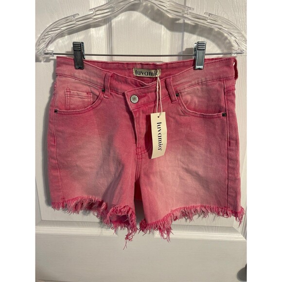 luvamia Crossover Waist Denim Shorts Size S Pink (Snow Wash) New With Tag - Picture 2 of 8